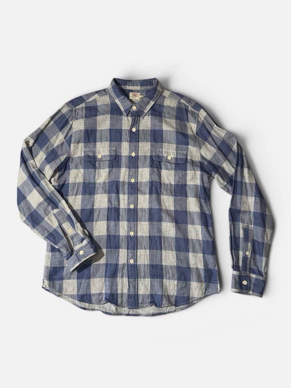 Faherty mens L Large blue grey plaid soft cotton flannel button up shirt EUC